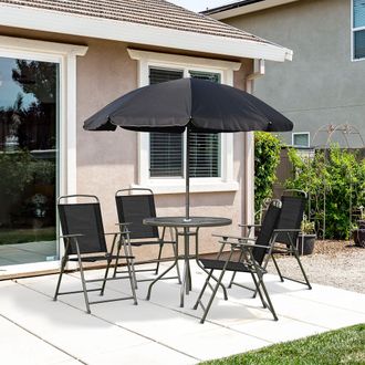 OUTSUNNY 6 Piece Patio Dining Set with Garden Umbrella 4 Folding Chairs in Black