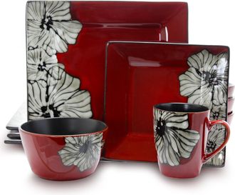 Elama Winter Bloom 16 Piece Square Stoneware Dinnerware Set
