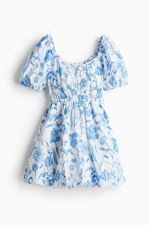 H&M Baumwollkleid mit Ballonsaum - Weiss/Blau Gebl&uuml;mt