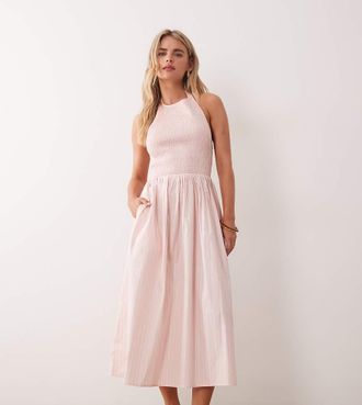 Miss Selfridge Vestito lungo arricciato allacciato al collo rosa a righe