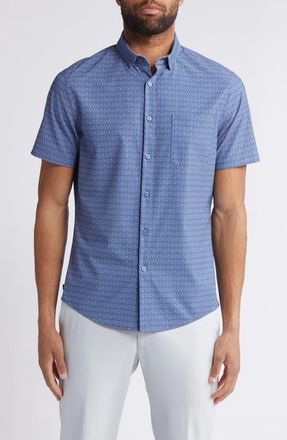 Mizzen+Main Leeward Trim Fit Print Short Sleeve Button-Up Shirt in Coastal Fjord Fern Geo at Nordstrom, Size Small