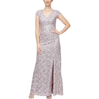 Alex Evenings A-Line Dress Womens Mauve Corded Lace Cap Sleeve V-Neck FROG377