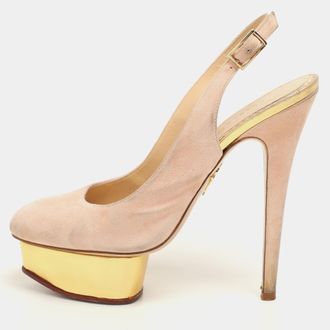Charlotte Olympia Beige Suede Dolly Slingback Platform Pumps