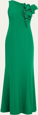 Teri Jon One-Shoulder Floral Applique Stretch Crepe Gown