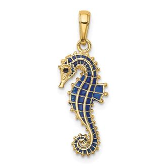 Diamond2Deal 14k Yellow Gold 3-D Blue Enameled Seahorse Pendant