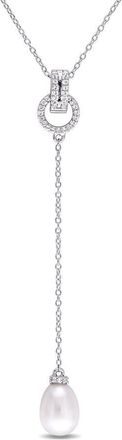 Amour 1/5 CT TGW White Topaz and 8 - 8.5 Mm White Cultured Freshwater Pearl Drop Pendant with Chain In Sterling Silver
