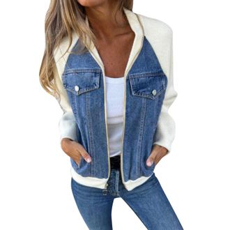 Generic Long Sleeve T Shirts Women Cotton Tops Women Boho Womens Long Sleeve Denim Jacket Casual Zipper Color Block Denim Shirt Top Evening Tops for Women UK 