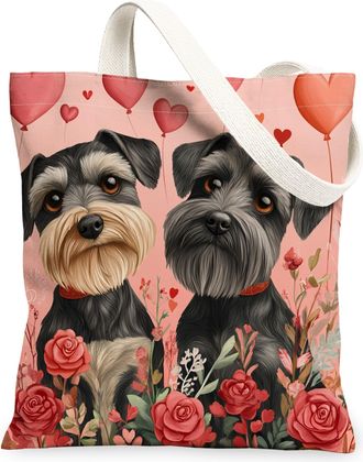 Generic Valentines Day Schnauzer Dog Canvas Tote Bag for Shopping 13x15, Fun Couple Puppy Reusable Grocery Print Pattern Bag for Women, Lover Beach Aesthetic 