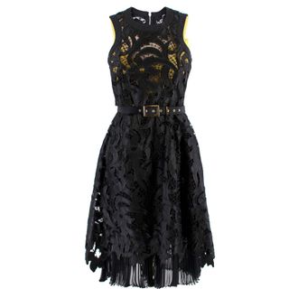 sacai Black & Yellow Belted Floral Lace Dress Size S