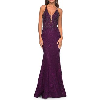 La Femme Exquisite Mermaid Lace Gown with Beaded Sheer Bodice in Dark Berry at Nordstrom, Size 00