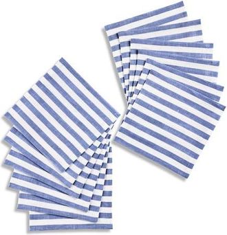 Solino Home Linen Cocktail Napkins Set of 12, 6 x 6 Inch for Dining Table, Holiday and Everyday Table Decor - Amalfi Stripe in Navy And White at