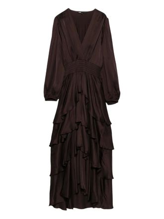 Maje V-neck ruffled dress - women - Viscose - 42 - Brown