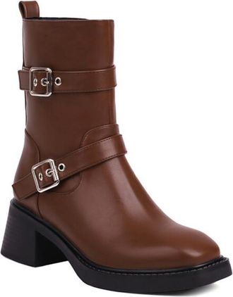 Generic Womens Buckle Strap Ankle Booties Block Heels Round Toe Cushioned Insole Durable Leather Upper Dress Shoes Party Evening Casual Work Shoes,Brown,6.5 U