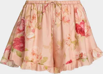 Zimmermann Roselight Floral Silk Frill Shorts