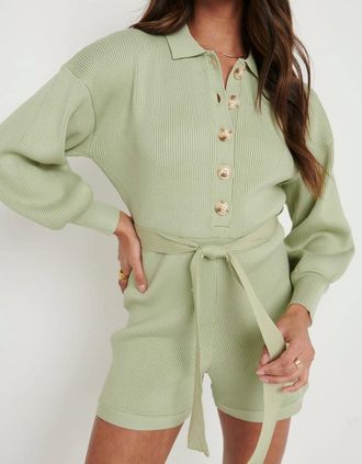 Pretty Lavish Womens Darcie Balloon Sleeve Knit Playsuit - Olive Green - Size: 10/8