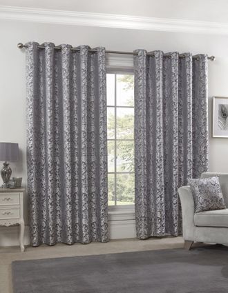 TJ Hughes Eden - Lined Eyelet Jacquard Curtains in Silver - TJ Hughes
