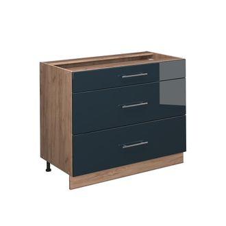 Vicco Mueble Bajo De Cocina Fame-line, Azul Oscuro Alto Brillo/roble Dorado, 100 Cm Sin Encimera, Vicco