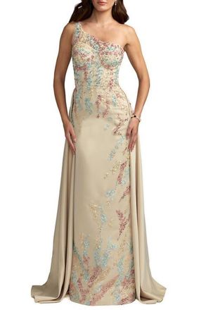Mac Duggal One Shoulder Embellished Satin Gown With Overskirt in Champagne Multi at Nordstrom, Size 10