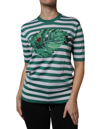 Dolce & Gabbana Womens White Green Stripe Leaf Crew Neck T-Shirt Cashmere Silk