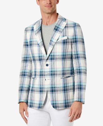 Tallia Orange Mens Slim Fit Multicolor Plaid Blazer Blue Size 38