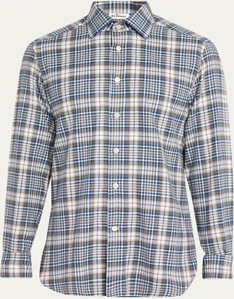 Kiton Mens Cotton Plaid Classic Fit Button-Down Shirt