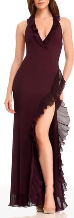 Dress The Population Kathleen Ruffle Halter Gown with Train in Dark Cherry at Nordstrom, Size Xx-Large