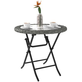 OUTSUNNY Folding Round Tempered Glass Metal Table with Grey Rattan Edging | TJ Hughes
