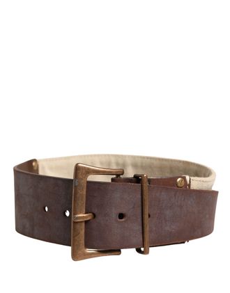 Ermanno Scervino Womens Beige Brown Leather Canvas Metal Buckle Belt