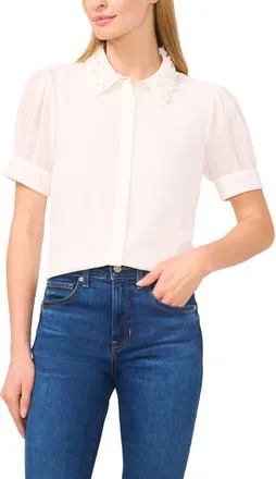 CeCe by Cynthia Steffe Floral Embellished Collar Georgette Top in New Ivory at Nordstrom, Size X-Small