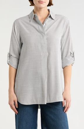 Max Studio Stripe Oversize Long Sleeve Button-Up Tunic in Black Mini Stripe at Nordstrom Rack, Size X-Small
