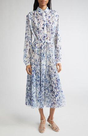 Proenza Schouler Jones Long Sleeve Pleated Crinkle Chiffon Shirtdress in Off White Multi at Nordstrom, Size 4