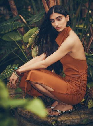 Icone Womens Draped-waist halter-neck interlock jersey midi dress