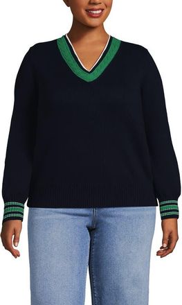 Lands End Drifter Set in Sleeve Vneck Sweater in Navy/clover Tipping at Nordstrom, Size 1X