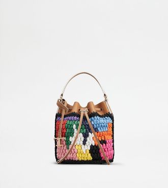 Tod's Bucket Bag in Leather and Raffia Micro