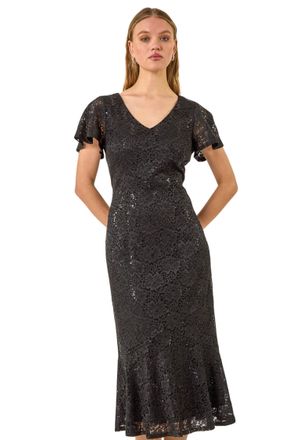 Roman Womens Sequin Lace Ruffle Midi Dress - Black - Size 18 UK