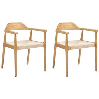 Beliani Conjunto De 2 Sillas De Comedor Estructura De Madera De Caucho Asiento De Cuerda De Papel Comedor Estilo Retro Marr&oacute;n Claro Y Beige Oakdale