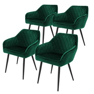 ML Design Ml-design - Set 4x Sillas De Comedor Verde Oscuro Estilo Moderno Asiento Tapizado De Terciopelo Patas De Metal Negras Con Respaldo Y Apoyabrazos Sill&oacute;