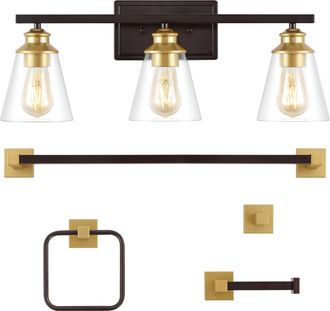 Jonathan Y Designs Arlo 22.88 3-Light Vintage Classic Vanity Light with Bathroom Hardware Accessory Set, Oil Rubbed Bronze/Gold Painting (5-Piece)
