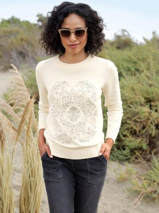 Heine Strickpullover HEINE Pullover, Damen, Gr. 48, beige (champagner), 50% Viskose, 28% Polyester, 22% Polyamid, gemustert, Pullover Strickpullover