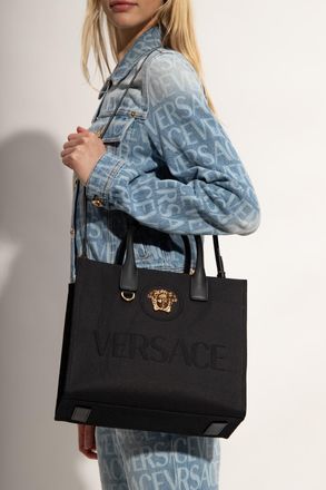 Versace Shopper Bag With Logo, Womens, Black