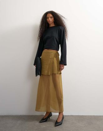 Topshop gonna maxi in organza a contrasto con dettaglio da annodare color oliva-Verde