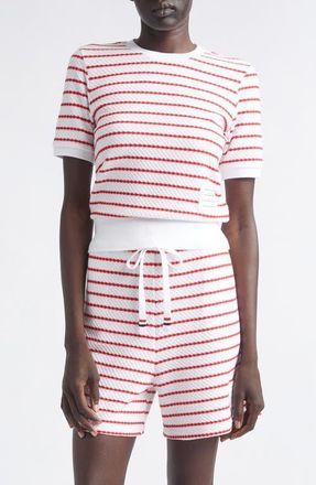 Thom Browne Stripe Cotton Honeycomb Jacquard T-Shirt in White/red at Nordstrom, Size 36