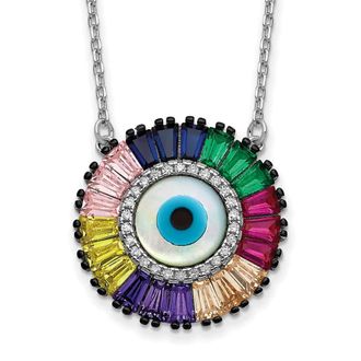 Diamond2Deal Sterling Silver Colorful Cubic Zirconia and Glass Evil Eye Necklace 16 with 2 inch Ext