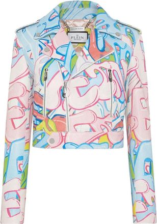 Philipp Plein Cropped Boxy Biker Jack - Dames - Leren en Su&egrave;de Jassen - Veelkleurig - M - Leer - Jassen