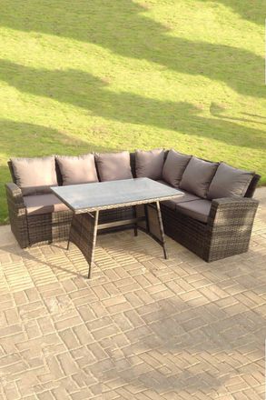 Fimous High Back Outdoor Rattan Corner Sofa Dining Set Table 6 Seater in Dark Grey