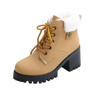 Generic Womens Winter Boots Chunky Block Heel Lace Up Booties Stylish Fleece Lined Non-Slip Thick Sole Non-Slip Warm Ankle Boots Office Outdoor