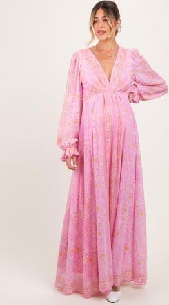 Pinkblush Paisley Deep V-Neck Long Sleeve Maxi Dress at Nordstrom, Size Medium