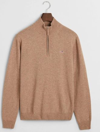 GANT Mens GANT Superfine Lambswool Half Zip Top, Dark Sand Melange - Brown - Size: 40