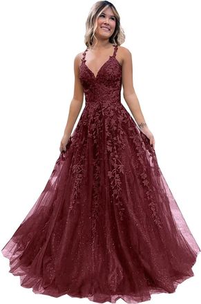 Generic Womens Lace Applique Prom Dresses Long Tulle Bridesmaid Dress A Line V Neck Formal Party Ball Gowns with Slit Desert Rose XL