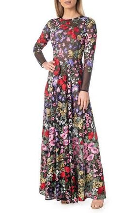 Dress The Population Ava Floral Embroidered Long Sleeve Gown in Rouge Multi at Nordstrom Rack, Size Large